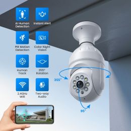 2.4Ghz Light Bulb Security Camera; Human Detection And Track; Color Night Vision; Instant Alert; 1080P Wireless Wi-Fi Smart Home Security Cameras; Wi