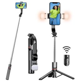 44.9 Inch Foldable Extendable Selfie Stick Mobile Phone Tripod With Front & Rear Light; Detachable Remote Release Hands Free Shooting Compatible With (Color: Black)