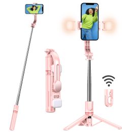 44.9 Inch Foldable Extendable Selfie Stick Mobile Phone Tripod With Front & Rear Light; Detachable Remote Release Hands Free Shooting Compatible With (Color: Pink)