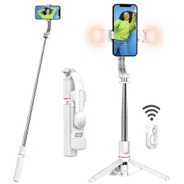 44.9 Inch Foldable Extendable Selfie Stick Mobile Phone Tripod With Front & Rear Light; Detachable Remote Release Hands Free Shooting Compatible With (Color: White)